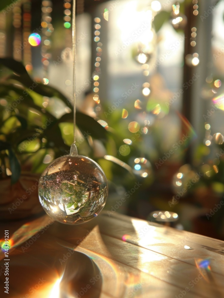 Poster a glass ball hanging from a string on a table. generative ai.