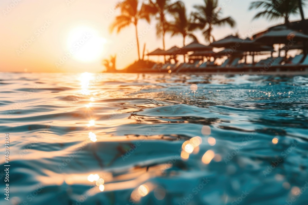 Poster a view of the sun setting over a pool. generative ai.