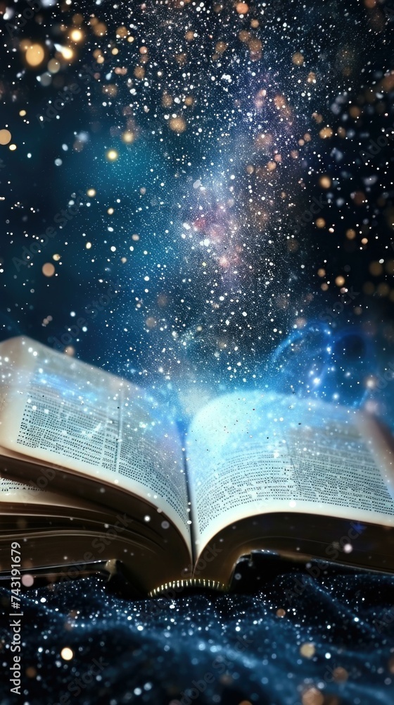 Poster open book with stars and space background. generative ai.
