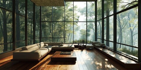 Modern Minimalist Living Room with Corner Sofa and Wooden Coffee Table in Forest House