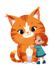 Smiling cute girl kid hugging happy big ginger tabby cat. Flat vector isolated illustration