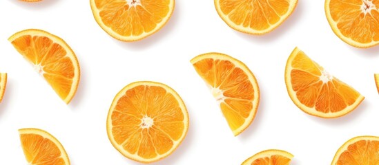 A collection of orange slices cut in half, revealing the juicy segments inside. The vibrant orange color contrasts with the white background, creating a visually appealing pattern.