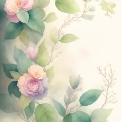 beautiful delicate spring watercolor graphic with delicate leaves and pink flowers and space for text