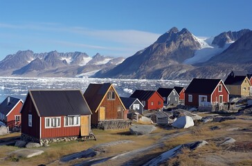 Fototapeta na wymiar Greenlandic village by icy fjord