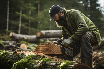 Lumberjack cutting some wood in the woods with a saw, lumberjack, wood cutting - obrazy, fototapety, plakaty