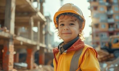 A pleased child boy wearing a construction worker's uniform