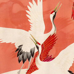 Japanese Cranes Fliying on a vibrant red and peach background