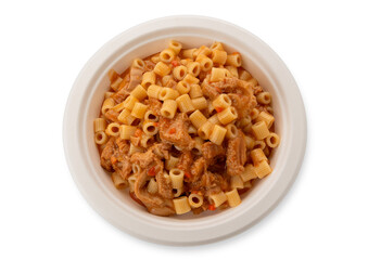 Ditalini pasta with tomato sauce tripe in white plate isolated  in top view