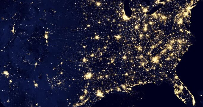 The bright lights of many USA cities at night, as seen from an orbiting satellite. Night map of the southern states or Dixieland with densely populated areas. Elements of this image courtesy of NASA.