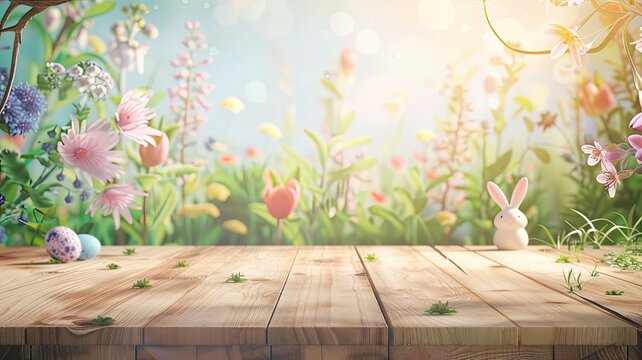 an empty wooden table background adorned with an Easter spring theme, With ample copy space, depict vibrant spring flowers, delicate pastel-colored Easter eggs.