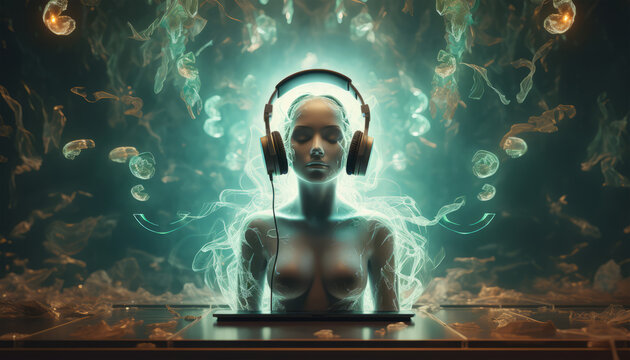 Female AI android with closed eyes wearing headphones on dark turquoise background. Robot woman emerging from digital device on ethereal fantasy virtual water scene. Artificial intelligence concept. 