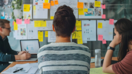 Group of people sitting in the office, looking at sticky notes on the wall, planning, or brainstorming in a Collaborative Workspace