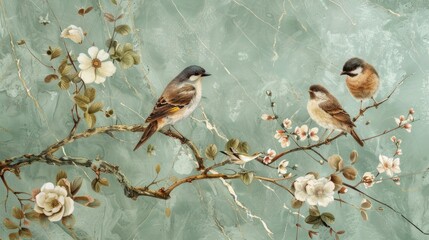 a marble mural background, adorned with simple green wallpaper, depict birds perched on branches amidst delicate flowers and herbs, creating a serene and enchanting floral background.