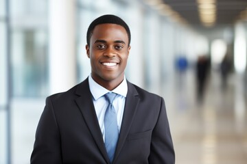 Fototapeta premium Professional African American Businessman Portrait. Confident African American businessman smiling in a modern corporate environment.