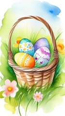 Fototapeta na wymiar Holiday celebration banner with cute Easter decorated eggs in basket and spring flowers on green spring meadow. Flowers in landscape. Happy Easter greeting card, banner, festive background.Copy space.