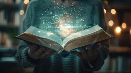 an open book surrounded by motivational symbols, the transformative journey of acquiring knowledge and the inspiration it brings, symbolizing the endless possibilities unlocked through learning.