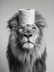 Humorous Black and White Poster of Lion with Toilet Paper on Head
