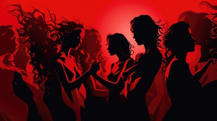 red. women of different ethnicities, cultures side by side together. Strong girls support each other. feminist movement