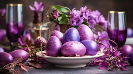 Obraz na płótnie Canvas Traditional Easter colored eggs. The table is set for the holiday in purple tones. napkin and plate with treats.