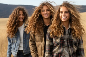 Fototapeta premium Three girls with long hair are smiling and standing in a field