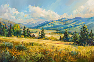Idyllic Mountain Landscape Painting with Vibrant Summer Fields
