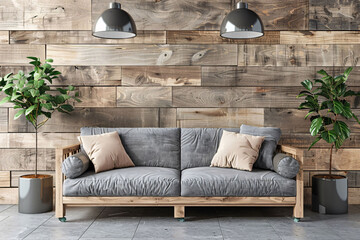 Modern Living Room with Wooden Wall Decor and Cozy Gray Sofa