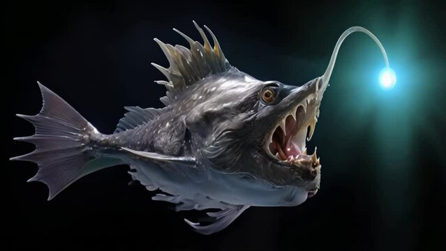 Humpback Anglerfish, Melanocetus johnsonii is deep-sea-dwelling fish. Humpback has specialized bioluminescent organ serving as lure to attract smaller fish and prey in oceans dark depths. AI-Generated