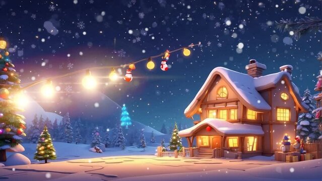 snow falls on Christmas and New Year. Cartoon or anime watercolor digital painting illustration style. seamless looping 4k video animation background
