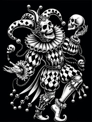 Macabre Jester Dancing with Skulls in Dotwork Style