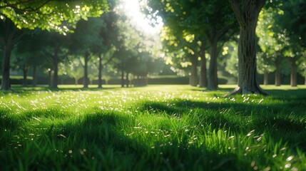 a green lawn background bathed in sunlight., the lushness of the grass and the warm glow of the sun, evoking a sense of serenity and tranquility in outdoor scenery.