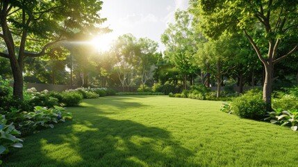 a green lawn background bathed in sunlight., the lushness of the grass and the warm glow of the sun, evoking a sense of serenity and tranquility in outdoor scenery.
