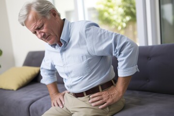 A senior man experiencing severe stomach pain while sitting on a couch, depicting discomfort and health issues. Elderly Man Suffering from Stomach Ache at Home