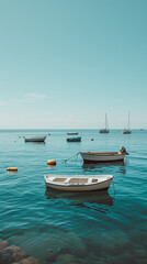 Fototapeta na wymiar A calm bay with boats anchored offshore Calmness atmospheric photo footage for TikTok, Instagram, Reels, Shorts