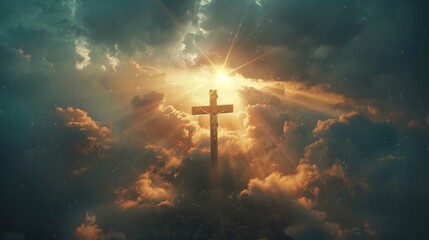 Fototapeta na wymiar Holy cross on hill with dramatic sunrise background for Easter Christian resurrection of Jesus Christ.