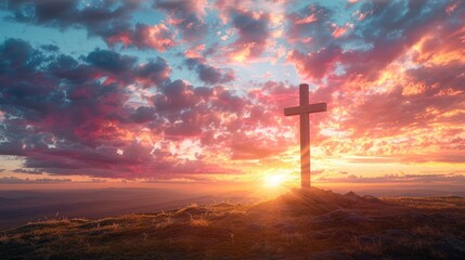 Obraz premium Holy cross on hill with dramatic sunrise background for Easter Christian resurrection of Jesus Christ.