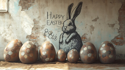 A graffiti style Easter Bunny on a flat concrete wall, with a line of real Easter eggs laid up...