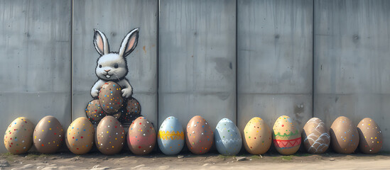 A graffiti style Easter Bunny on a flat concrete wall, with a line of real Easter eggs laid up against the wall.  - Powered by Adobe