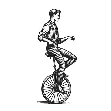 Circus performer rides one wheel unicycle sketch engraving generative ai fictional character vector illustration. Scratch board imitation. Black and white image.