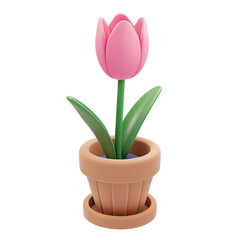 Blooming Pink Tulip on a Small Cute Colorful Plant in Cartoon Style, 3D Rendered in a Brown Pot for Home Interior Decoration, Isolated on Transparent Background, PNG