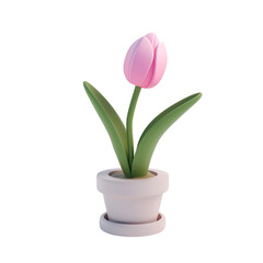 Pink Tulip Blooming on a Small Cute Colorful Plant in Cartoon Style, Placed in a Brown Pot for 3D Rendering Home Interior Decoration, Isolated on Transparent Background, PNG