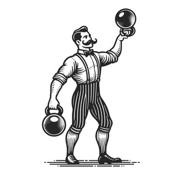 Circus strongman juggles kettlebells weights sketch engraving generative ai fictional character vector illustration. Scratch board imitation. Black and white image.