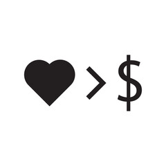 Heart sign over dollar sign. Love is more valuable than money sign