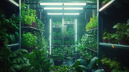 A high-tech vertical farm illuminated by LED lights, with layers of hydroponic systems growing leafy greens and herbs without soil. This futuristic farming setup highlights innovation in agriculture