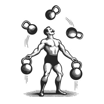 Circus strongman juggles kettlebells weights sketch engraving generative ai fictional character vector illustration. Scratch board imitation. Black and white image.