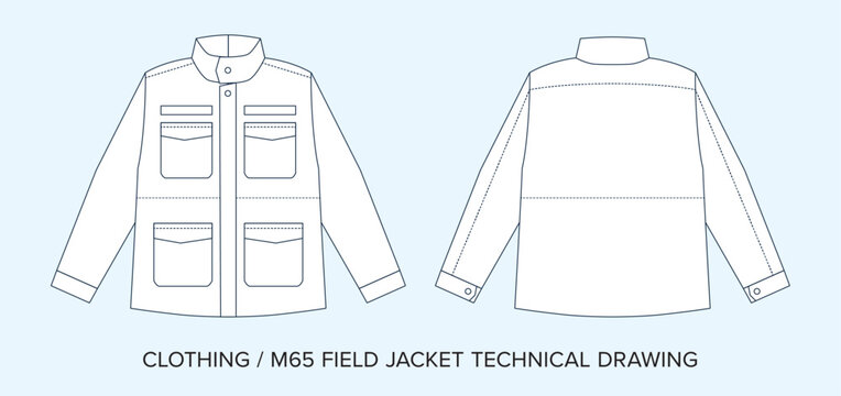 Blank M65 Jacket Technical Drawing, Apparel Blueprint for Fashion Designers. Detailed Editable Vector Illustration, Black and White Clothing Schematics, Isolated Background. 
