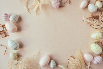 Easter mock-up, flat lay, creative top view on beige paper background