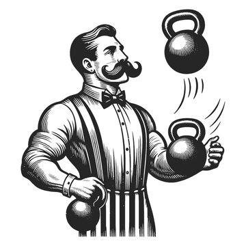 Circus strongman juggles kettlebells weights sketch engraving generative ai fictional character vector illustration. Scratch board imitation. Black and white image.