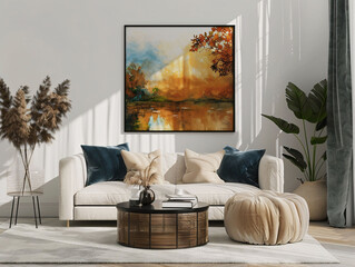 A Contemporary Elegance in Living Room Decor with Modern Furnishings and Wall Art