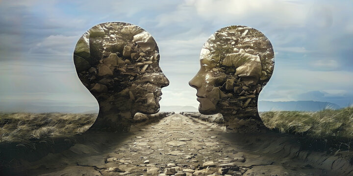 Two stone heads on the road, ai generated.