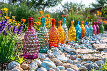 Line of glass bottles lining path in a garden, yard, DIY outdoor decor
